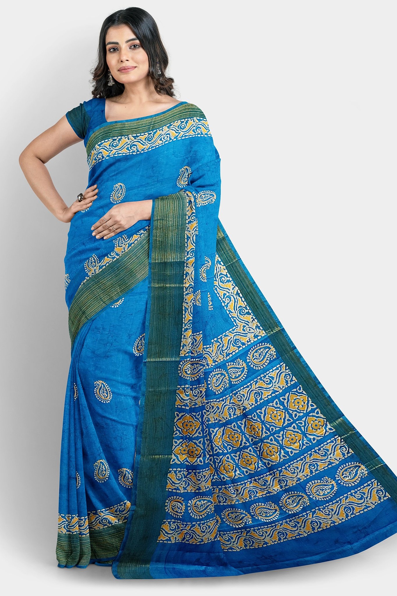 Blue Coloured Batik Printed Tussar Saree