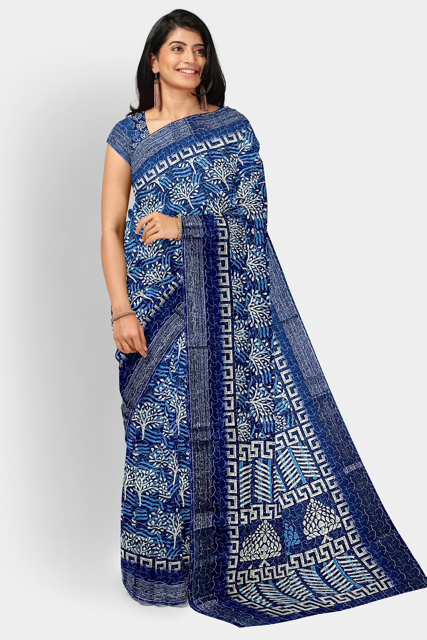 MOST BEAUTIFUL INDIGO DIGITAL PRINT LINEN SAREE