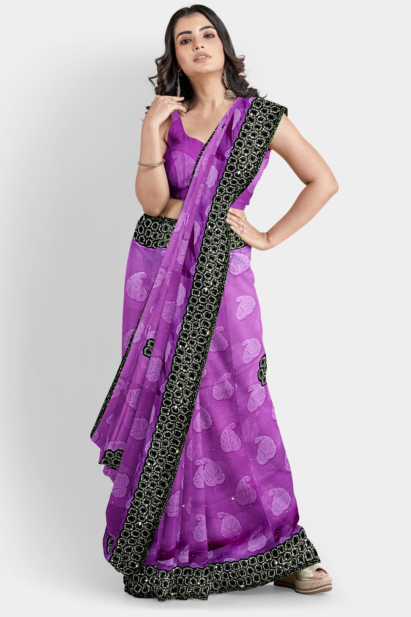 Chiffon And Brasso Hand Work Saree