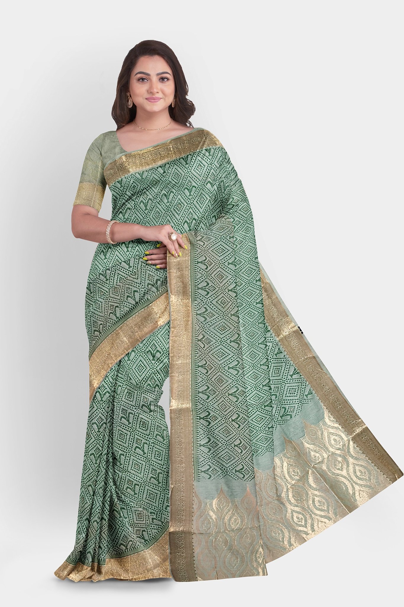 Turquoise Printed Cotton Saree
