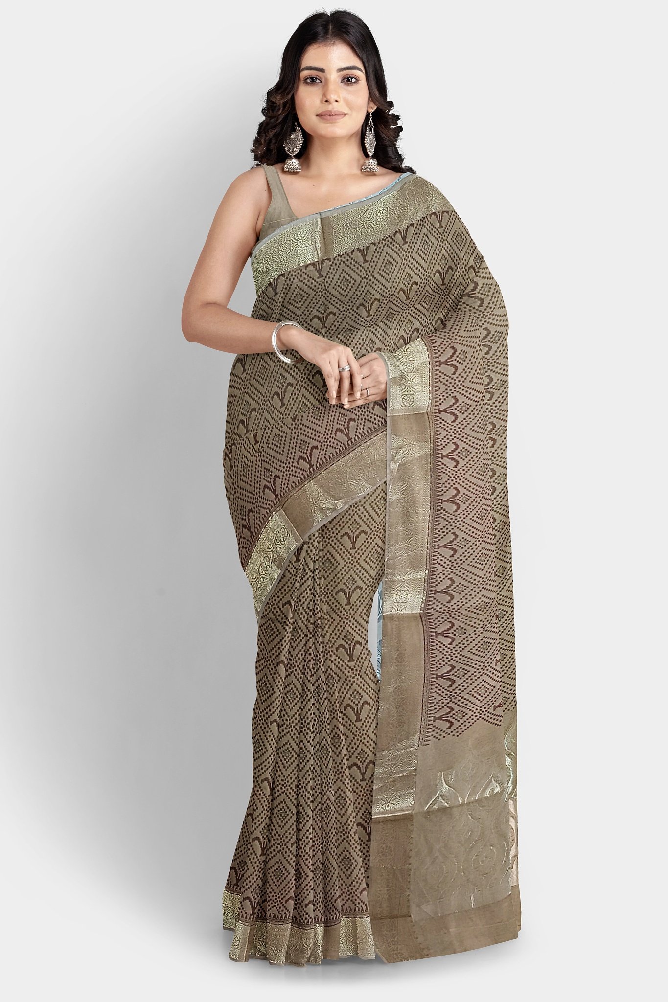 Brown Printed Cotton Saree